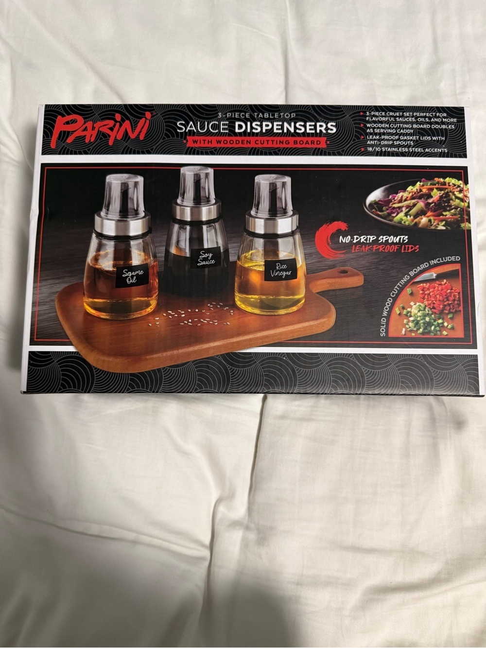 Parini set of Three Sauce Dispensers and wooden cutting board!! NWB